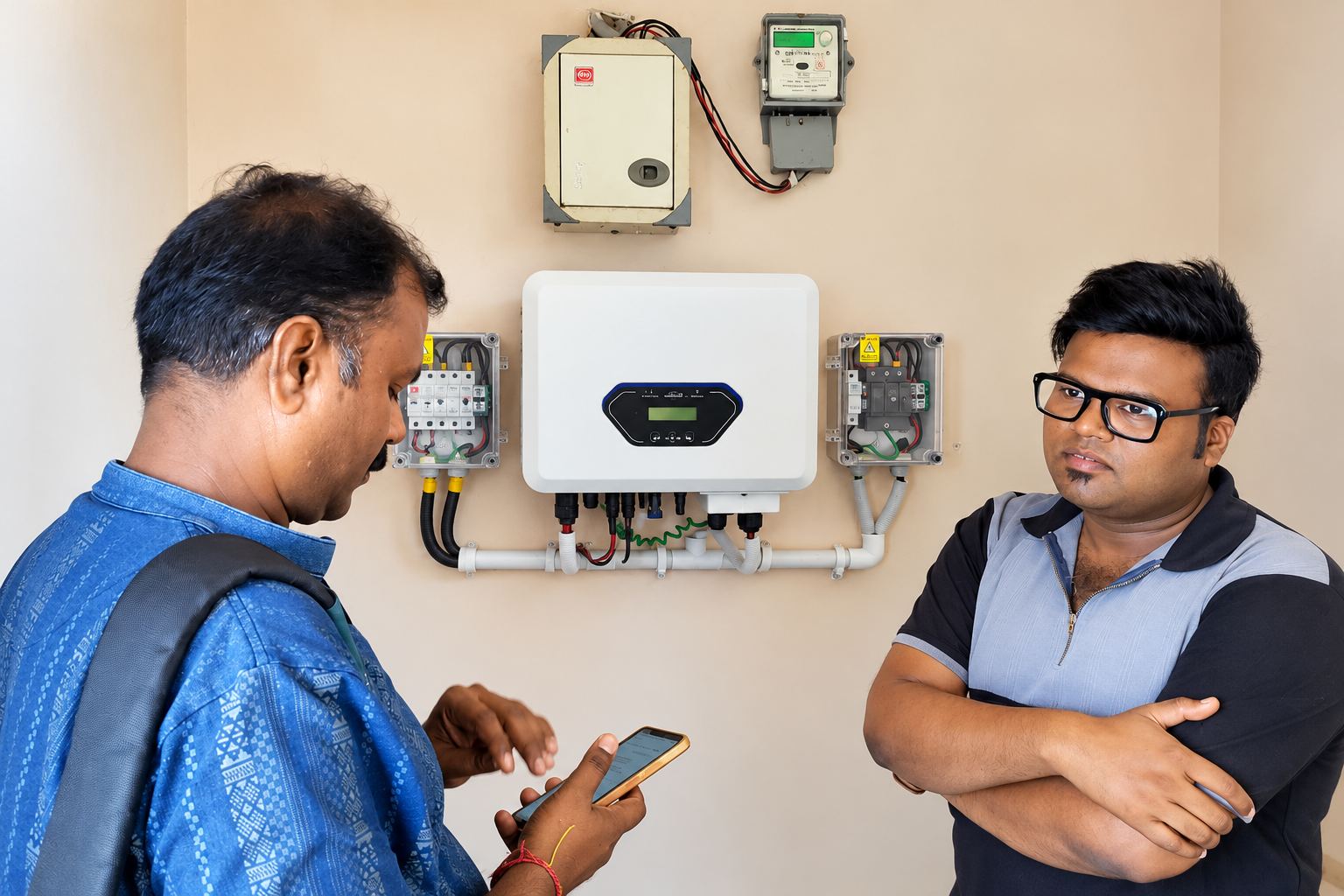 technicians reviewing electrical installation